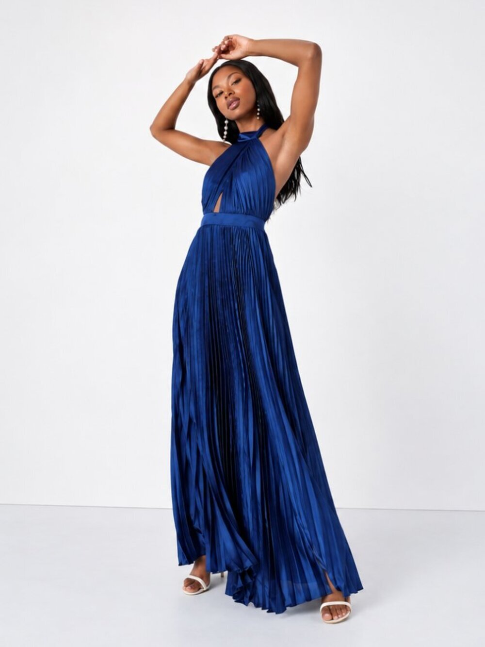 LULU's Prom Wedding Bridesmaid Pleated Satin Open Back Halter  Maxi Dress